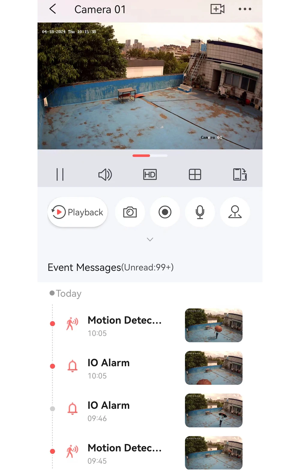 Hik-Connect app camera 01 detail screen showing live video controls
