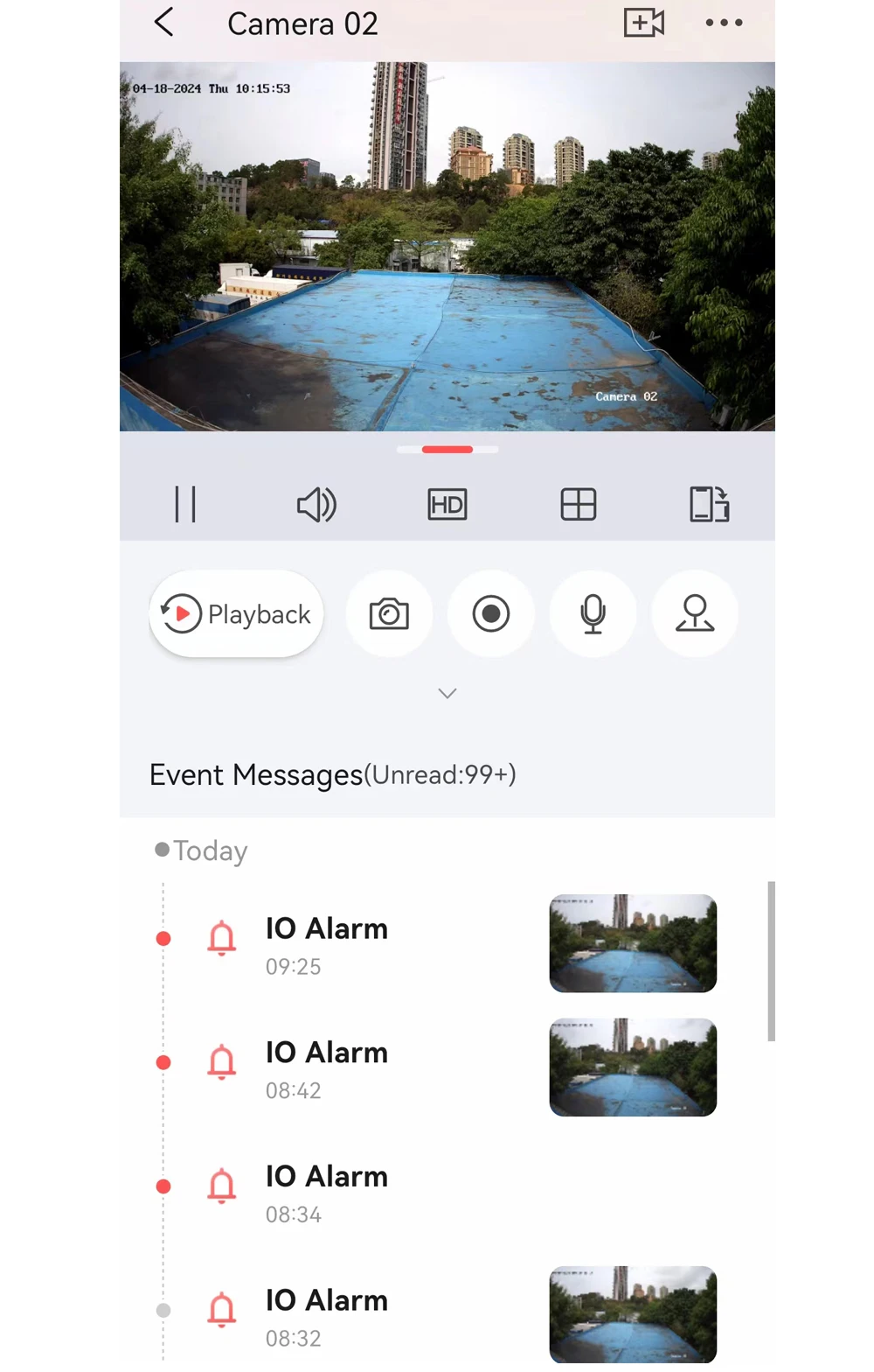 Hik-Connect app camera 02 detail screen with date and time overlay